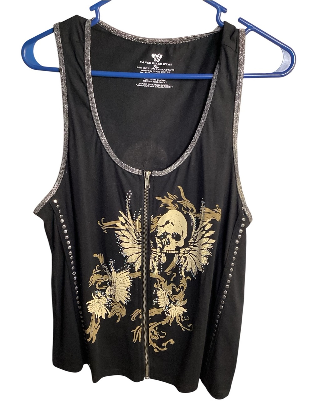 Black Tank Top with Gold Skull Print, biker, motorcycle wear, grunge
